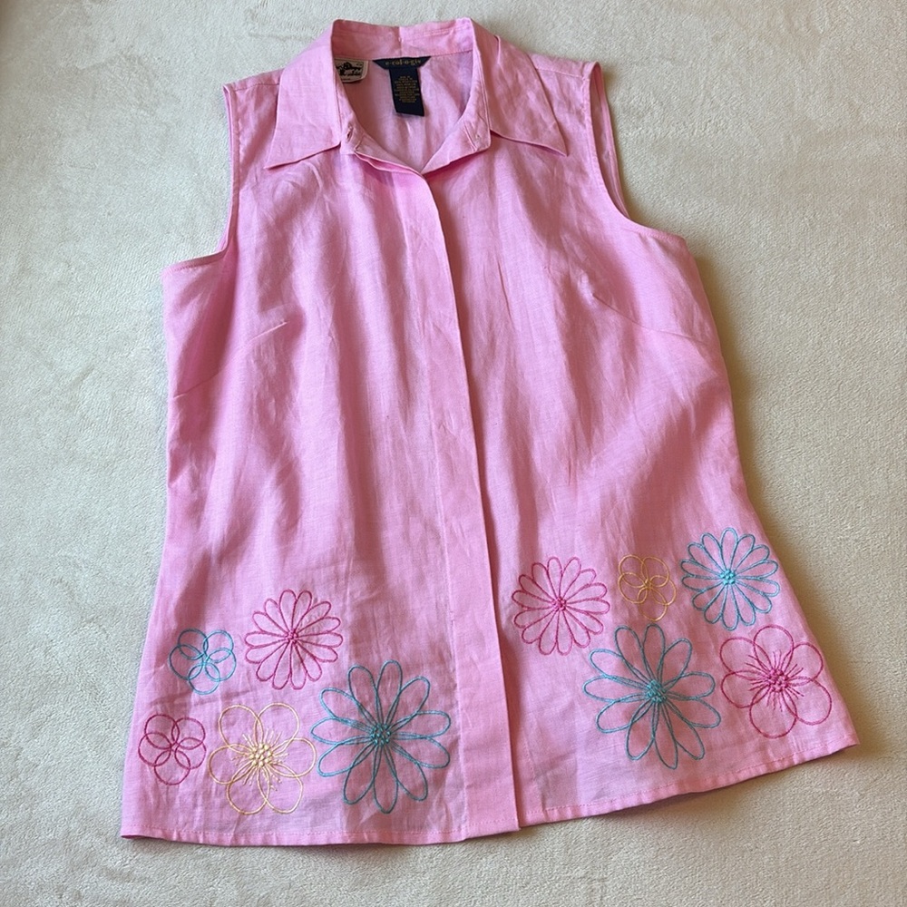 Sleeveless Pink Embroidered Button-Front Linen Blend Top